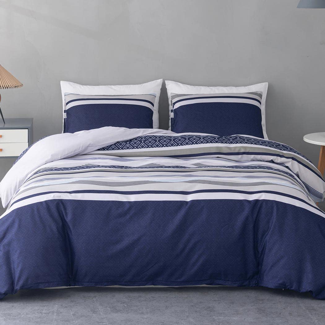 Conworld Duvet Cover Queen, 3 Pieces Bohemian Duvet Cover Sets with 2 Pillowshams, 1 Duvet Cover with Hidden Zipper & Corner Ties, Blue Striped