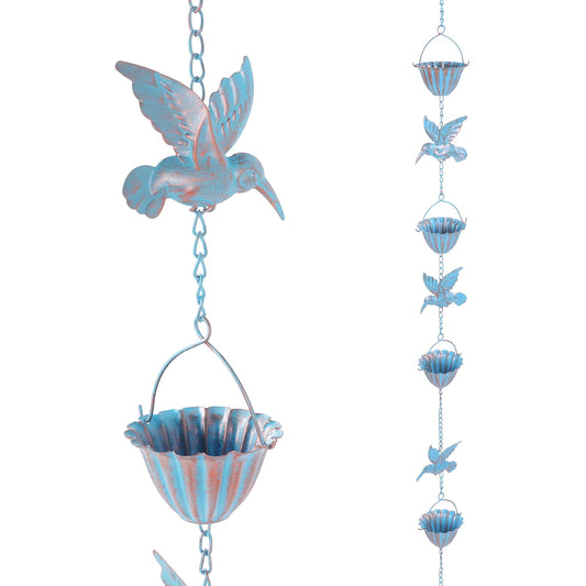 Metal Rain Chain, 7.9 Foot Rain Catcher Chain with 7 Water Cups and 7 Removable Hummingbird Decorative Rain Chains, Easy to Install Gutter Rain Collector Chain for Eaves Drainage
