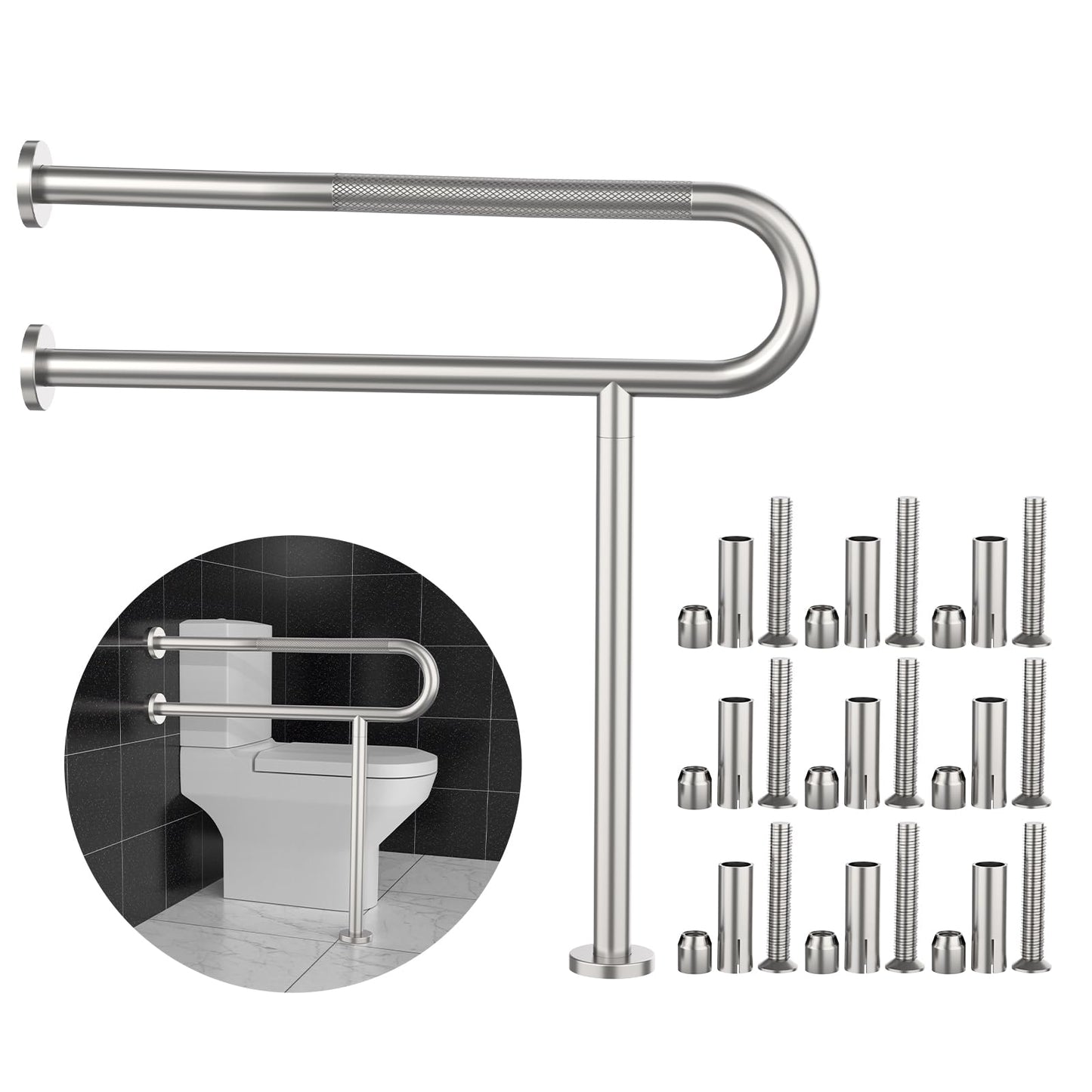 Toilet Grab Bar 31.3 Inch, Munzong Wall to Floor Brushed Nickel Bathroom Safety Bar w/Anti-Slip Knurled Grip, Stainless Steel Handicap Grab Bar with Leg,Support Bar for Disabled Elderly Pregnant