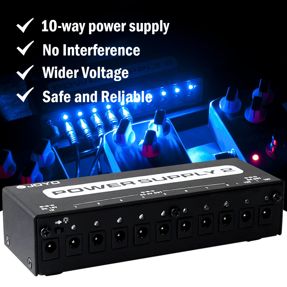 JOYO Guitar Pedal Power Supply Pedal Board Guitar Power Supply with DC 18V Pedal Power Adapter & 9V 100mA 500mA Isolated DC Output for 9V 12V 18V Effect Pedals JP-02