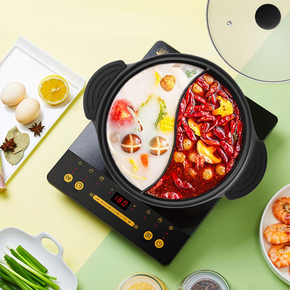Hot Pot with Divider for Induction Cooker Dual Sided Soup Cookware Two-Flavor Chinese Shabu Shabu Pot for Home Party Family Gathering, 4.5 Quart (White)