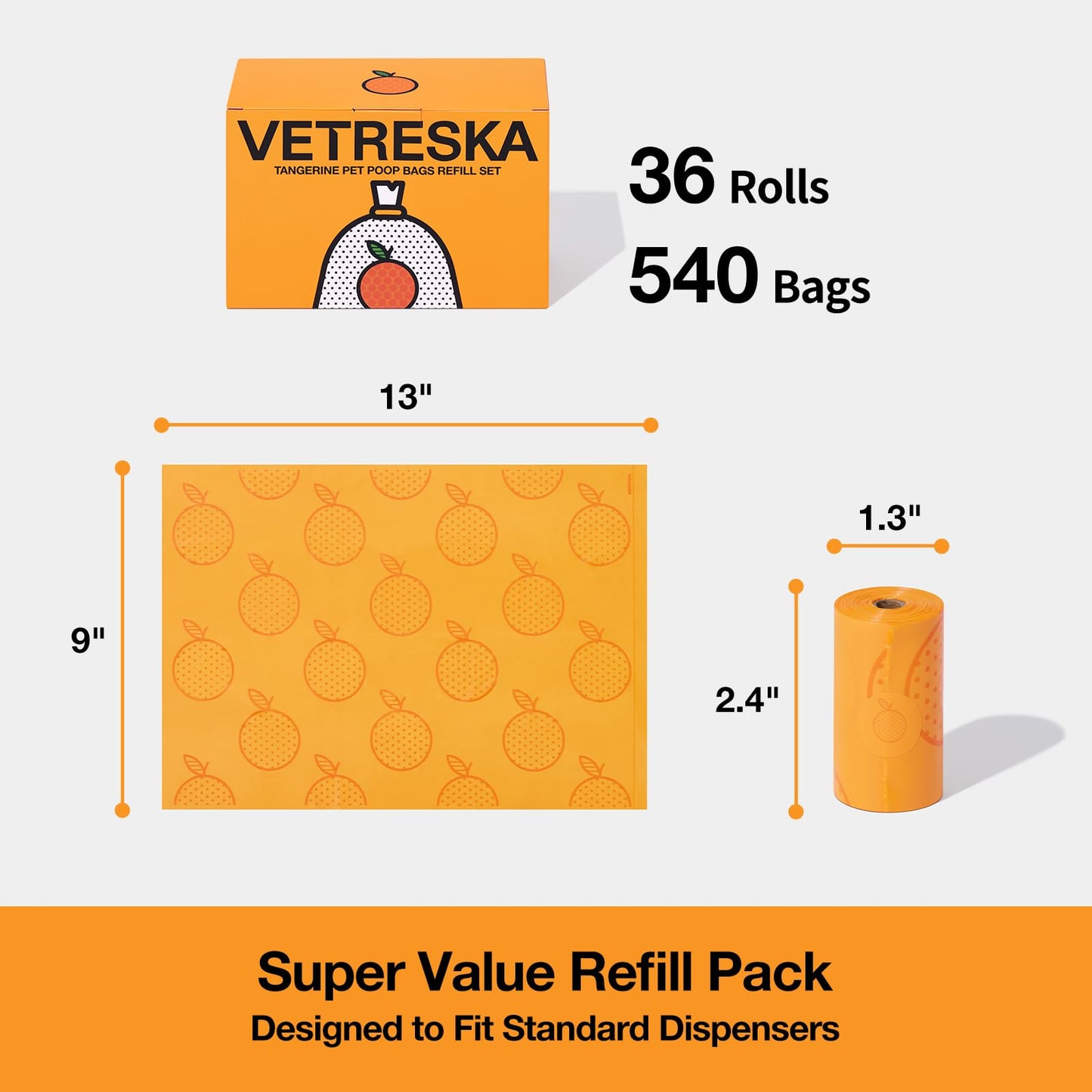 VETRESKA Citrus Scented Dog Poop Bags, Leak Proof, Extra Thick and Large Pet Waste Bags for Dogs Walking, Cat Litter, 540 Count Bags (36 Refill Rolls)