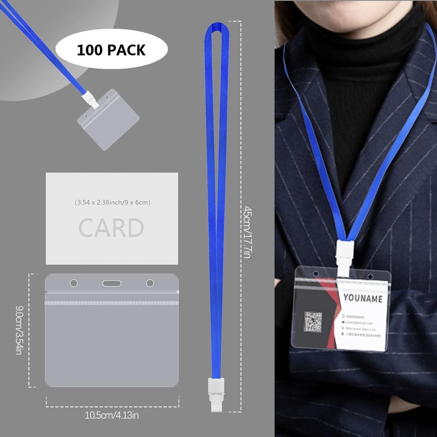FZENeast Badge Holder with Lanyard，100 PCS Horizontal Clear Waterproof ID Badge Holder with 100 PCS Flat Neck Blue Badge Lanyards for Office School Business