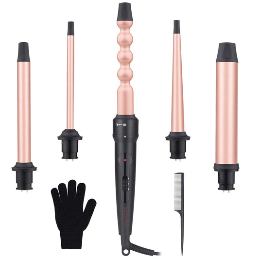 5 in 1 Curling Wand Iron Set - EMOCCI PRO Instant Heat Long lasting Hair Waver Iron Straightener and Curler 2 in 1 with 5 Interchangeable Ceramic Tourmaline Barrels for All Curly and Wavy Hairstyle