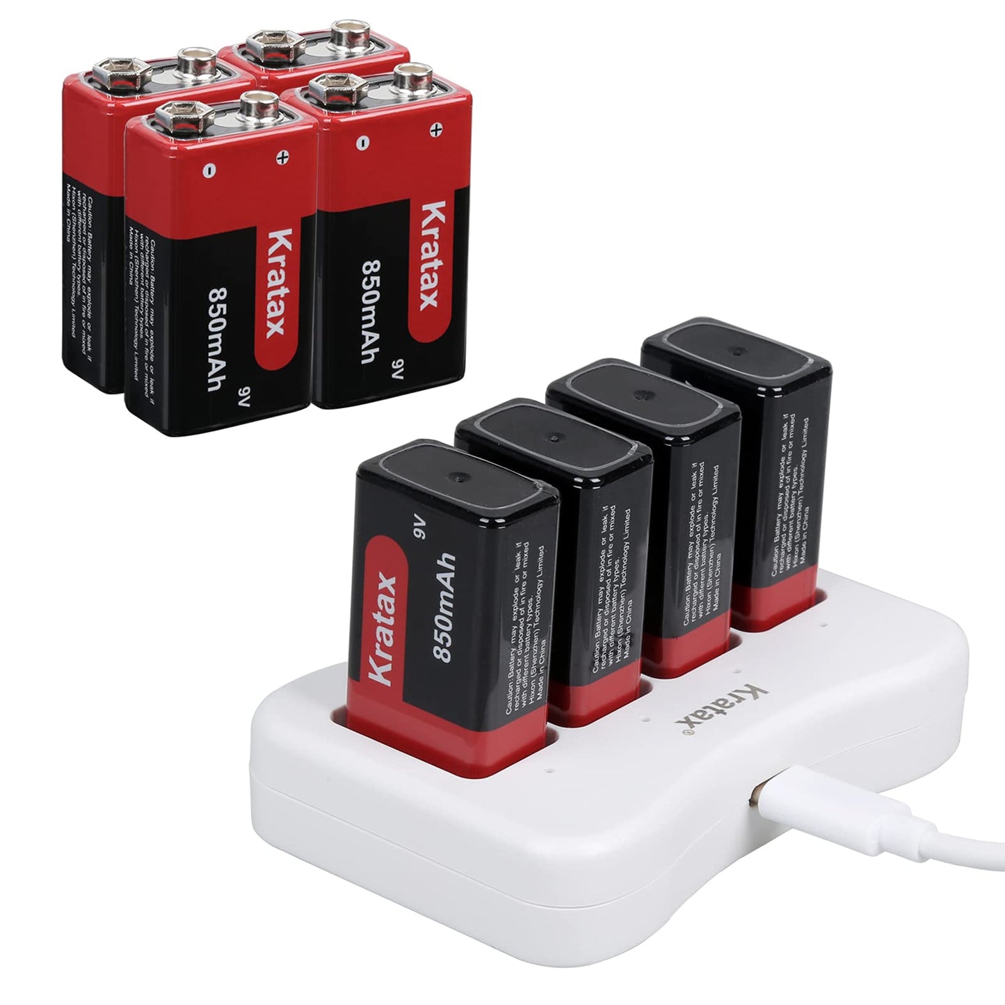 9v Rechargeable Batteries Kratax 8pack 850mAh High Capacity 9volt 6F22 Lithium Batteries with Fast Charger, 1000 Cycles Long-Lasting for Smoke Alarms, Guitar, Toy Remotes, Microphones, Multimeter