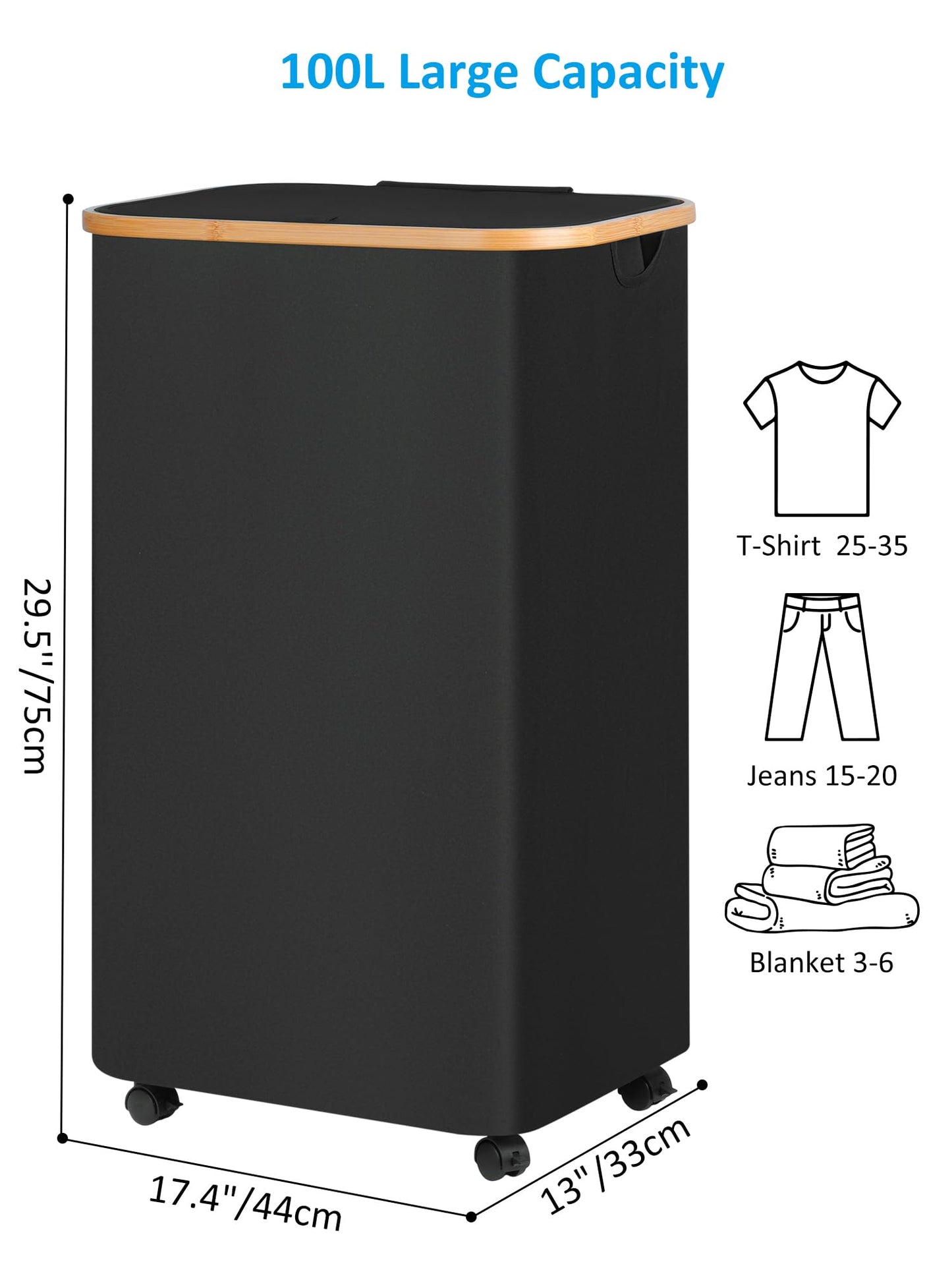 efluky Laundry Basket with Wheels, Tall Rolling Laundry Hamper with Lid and Removable Bag, Aesthetic Dirty Clothes Hamper on Wheels for Laundry Room, Bedroom, Dorm and Bathroom, 100L Black