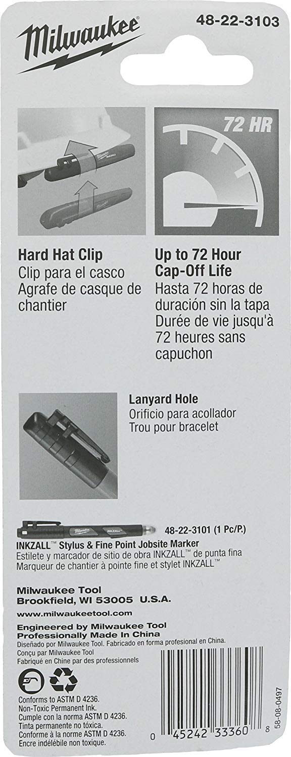 Milwaukee 48-22-3103 Inkzall Chisel Tip Multi Surface Jobsite Marker w/Water, Oil, and Dust Resistance, 6 Pack
