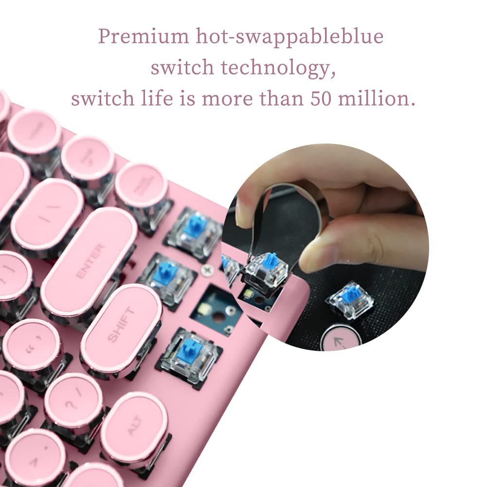 Typewriter Keyboard,Round Keycaps/White Backlit/Compact 75% Layout Keyboard for Windows/Mac/PC/Laptop (Pink)