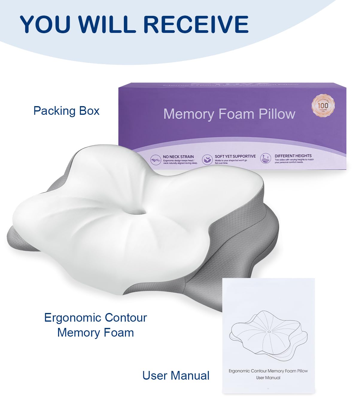 CosBed Cervical Neck Pillow, Ergonomic Memory Foam Pillows for Neck Pain Relief with Breathable Pillowcase, Contour Neck Support Pillow for Side Back Stomach Sleepers White