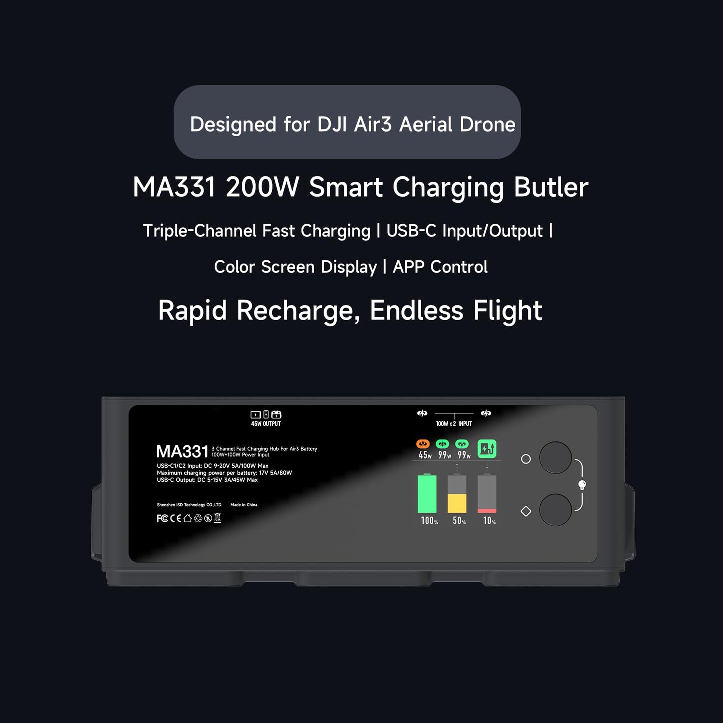 ISDT MA331 Air 3/3S Charging Hub,200W 3 Channel Smart Battery Charger for DJI Air 3/3S Series,RC Charger with APP Connection/LCD Display and Discharge Function Not Include Battery