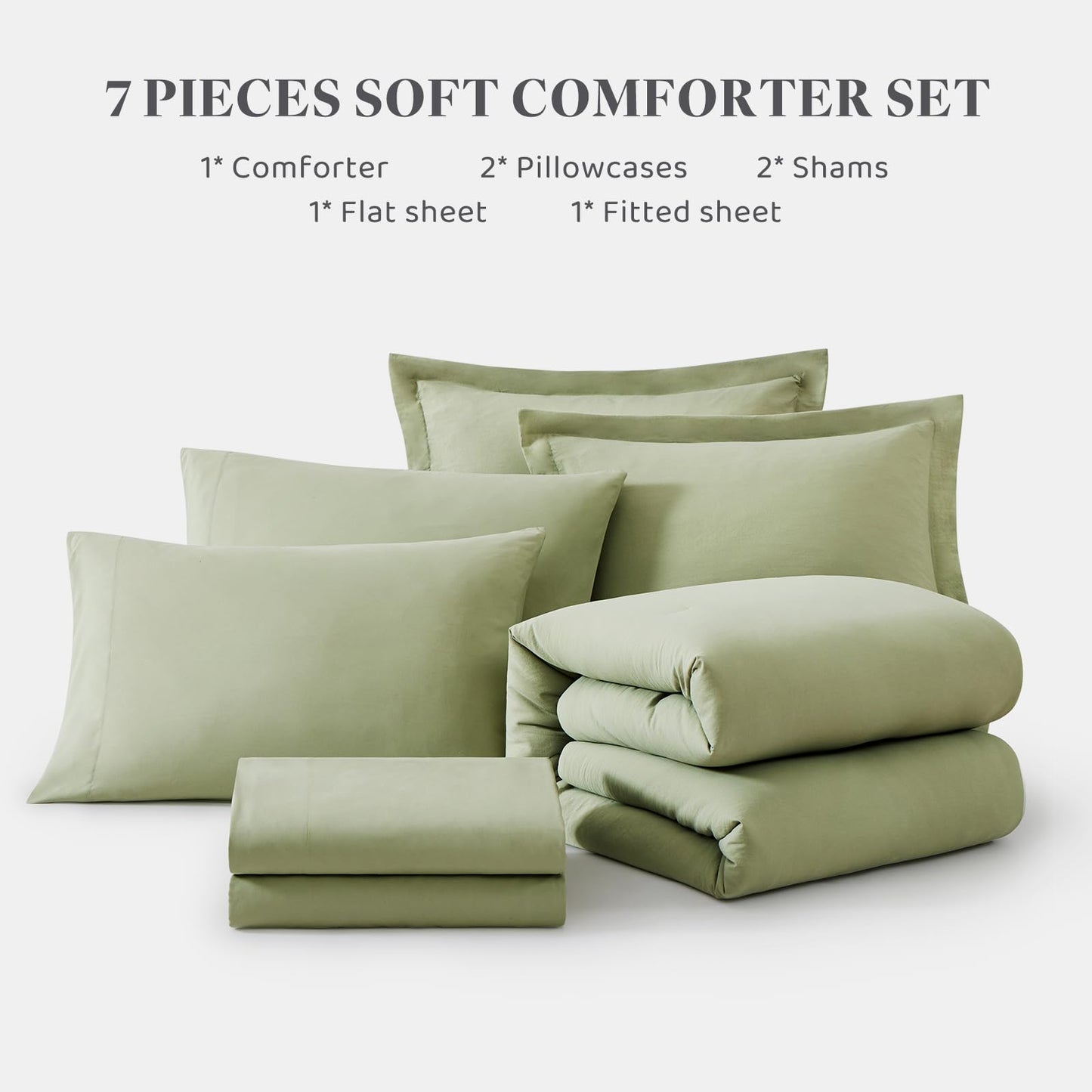 WRENSONGE Queen Comforter Set - 7 Pieces Sage Green Soft Bed in a Bag Queen with Fitted Sheet, Flat Sheet, 2 Pillow Shams, and 2 Pillowcases- Warm Bedding Sets for All Season