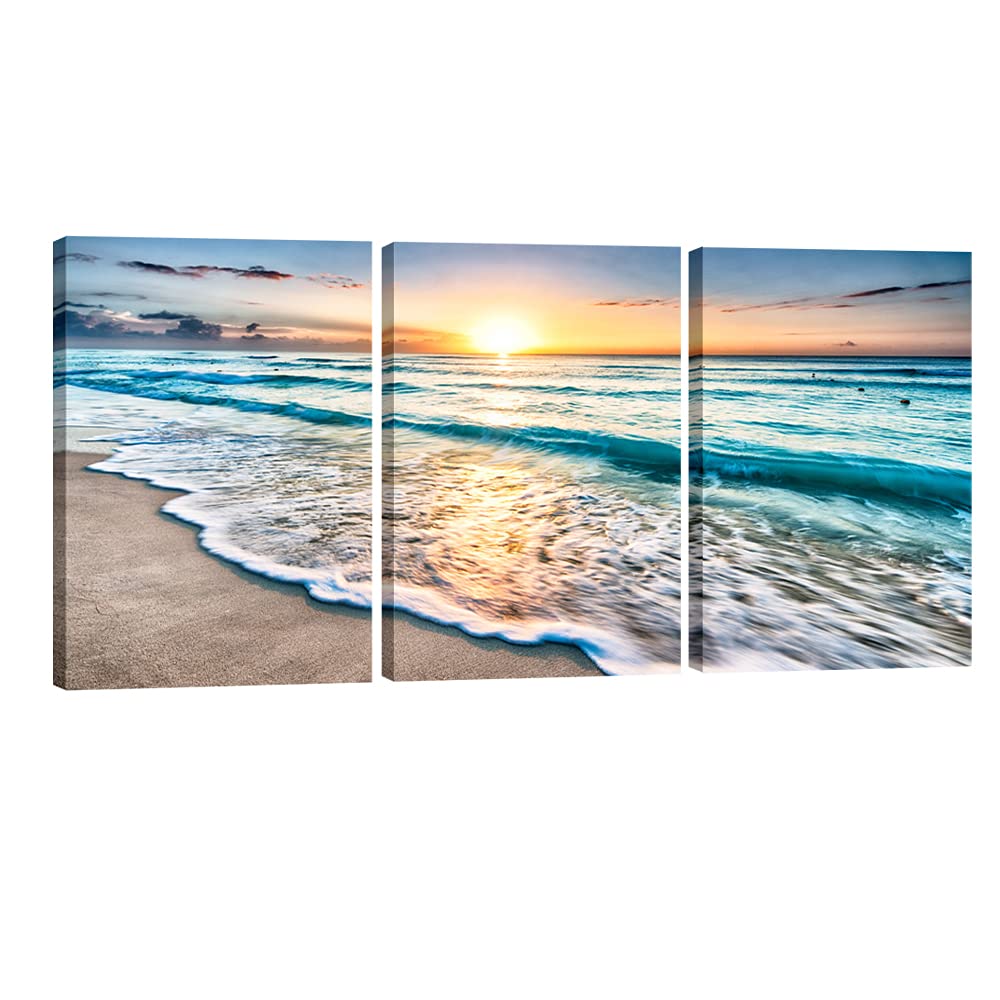 Pyradecor 3 Panels Blue Beach Sunrise White Wave Pictures Painting on Canvas Wall Art Modern Stretched and Framed Seascape Giclee Canvas Prints Seaview Landscape Artwork for Home Office Decorations