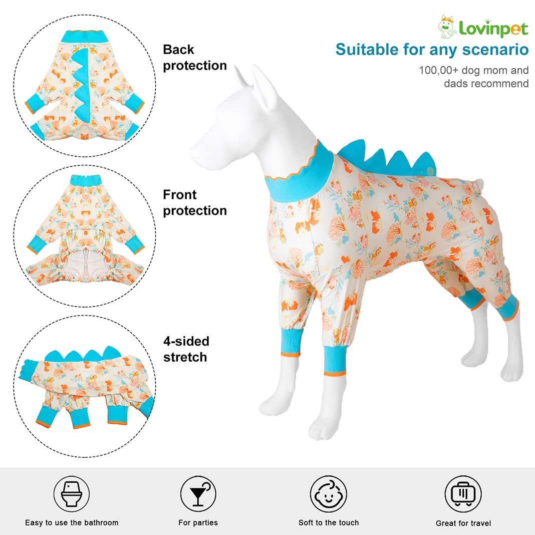 LovinPet Big Dog Jammies, Large Dog Pajamas, Anti Licking Shirt Lightweight Coral Peach Print, UV Protection Shirt, Easy to Wear Adorable Dog Onesie,Blue XXL