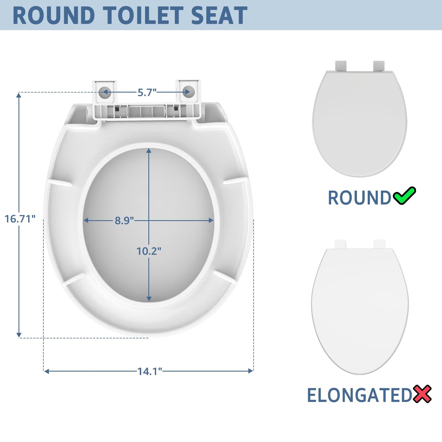Toilet Seat Round 16.5 inch Soft Close, Toilet Lid Round PP Material Safe & Easy Clean & Quick Installation, Sturdy Accessories Never Loosen, 2 Years Support, White