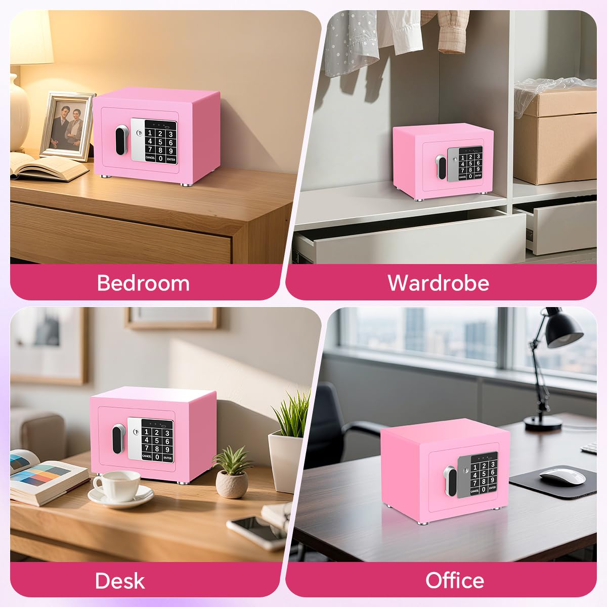 Small Home Safe, 6.7”D x 9”W x 6.7”H, Electronic Keypad Lock Security Box for Cash, Jewelry, Passport, Hidden Safe for Closet, College Dorm Room, Pink