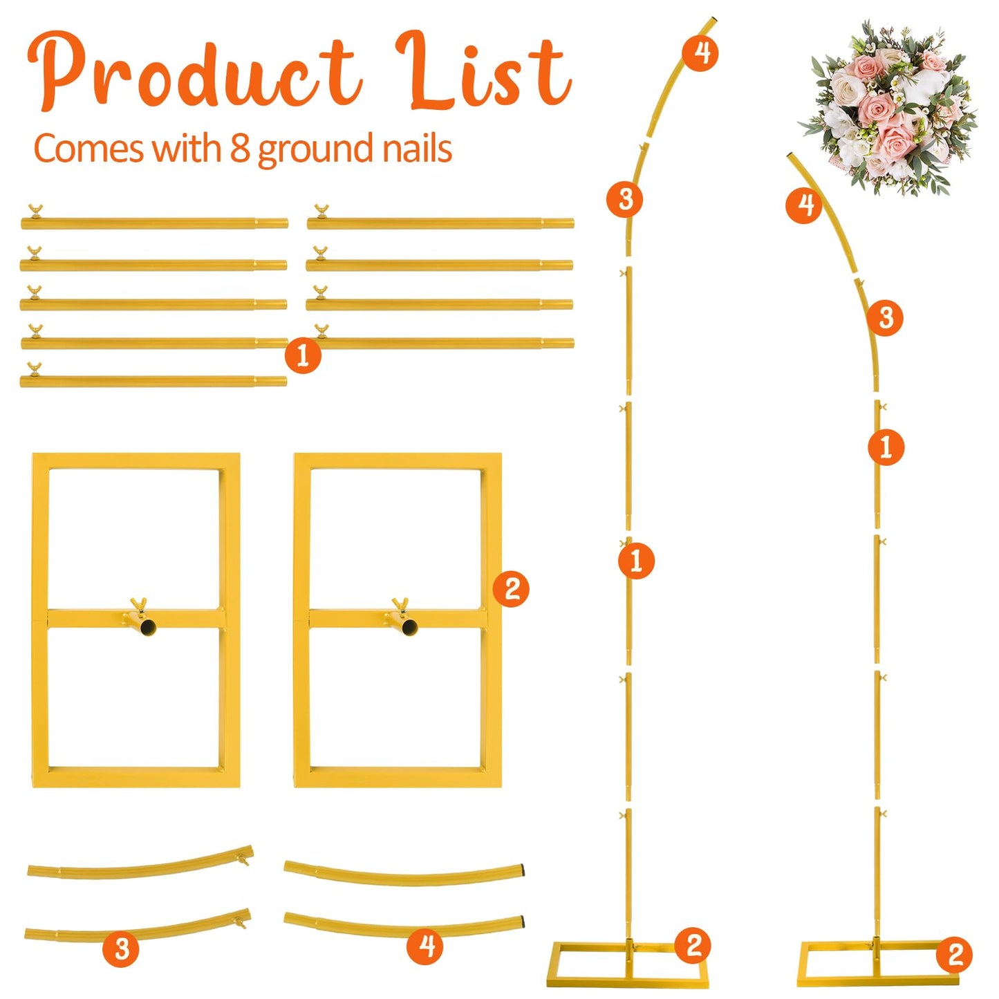 Teabelle 2pcs Metal Wedding Arch Backdrop Stand, 8.2FT & 6.9FT Gold Curved Top Arch Backdrop, Set of 2 Backdrop Arch Frames for Wedding Ceremony Birthday Baby Shower Graduation Party Decorations