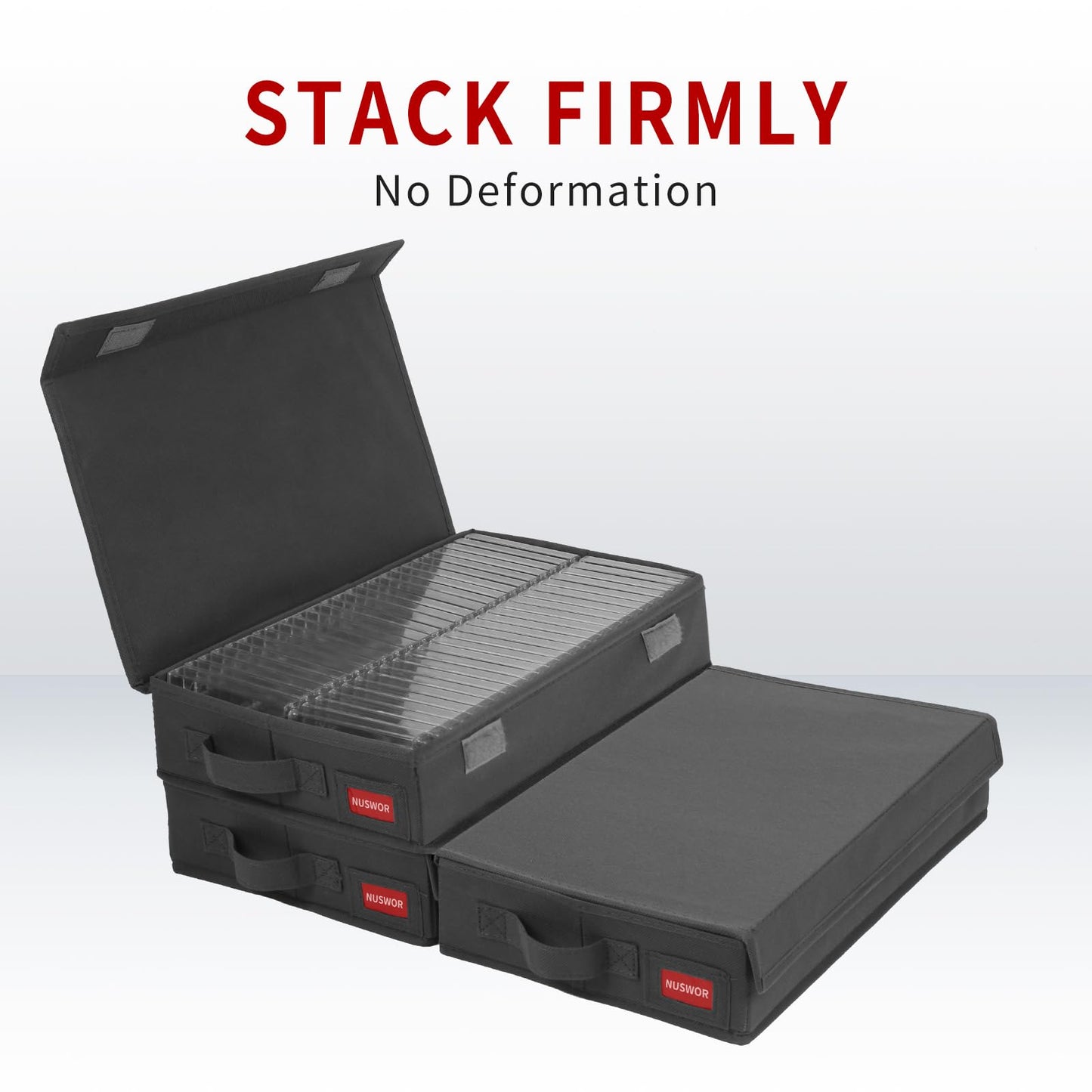 NUSWOR Stackable Tape Storage Boxes - Dust-proof Racks with Lid - Audio Cassette Holder Pack of 4- Holds 192 Cases - 16.34 x 9.25 x 3.4 Inches Grey