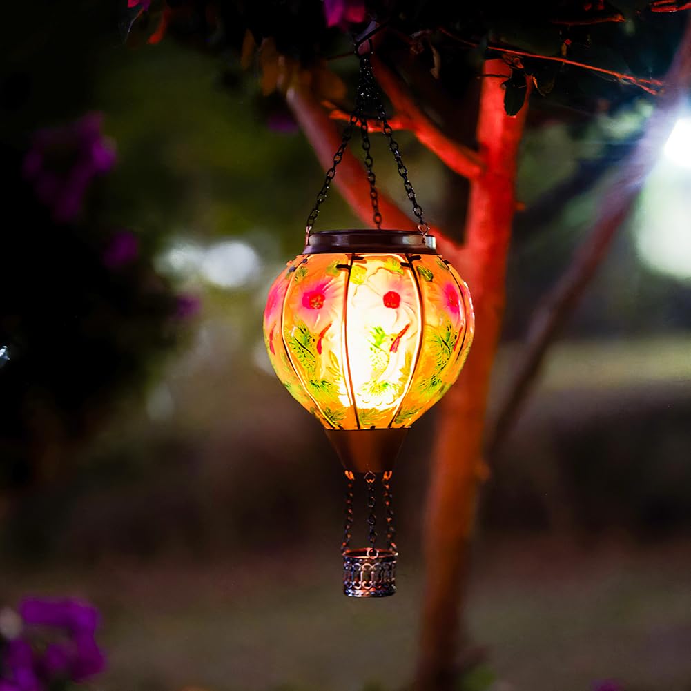 DREAMSOUL Hummingbird Hot Air Balloon Solar Lantern, Hanging Solar Hot Air Balloon Lantern with Flame for Patio Yard Gift Decor