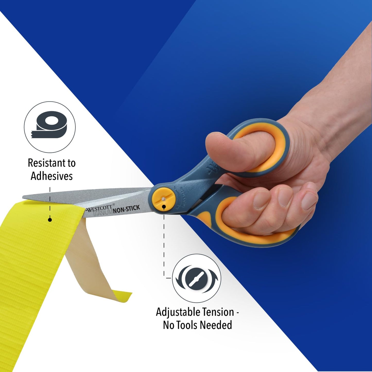 Westcott 8-Inch Titanium-Bonded Non-Stick Straight Scissors with Adjustable Glide Feature for Office and Home - Gray/Yellow, 3 Pack