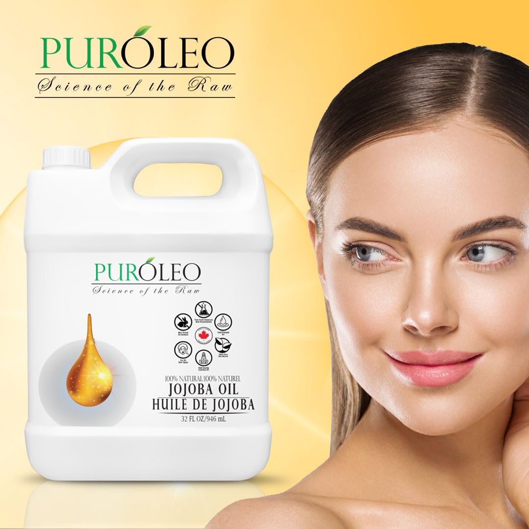 PUROLEO Jojoba Oil 32 Fl Oz/946 ML (Packed In Canada) 100% Pure and Natural for Hair Oil, beard oil , Cuticle Oil, baby oil & Face Oil | |Personal Beauty Pack Easy to carry | Premium Leakproof unbreakable Packaging