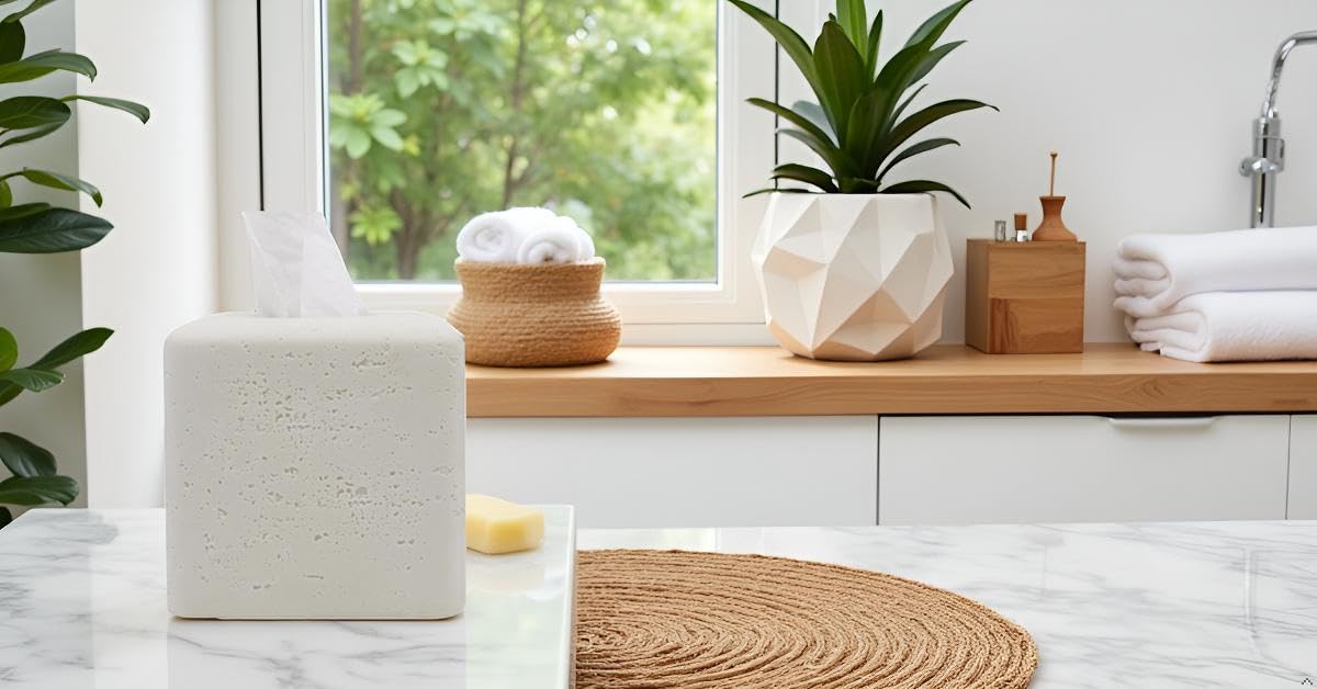 Huitony Travertine Square Tissue Box Cover Decorative Klenex Box Holder for Bathroom & Living Room with Handcrafted Texture (White Stone)