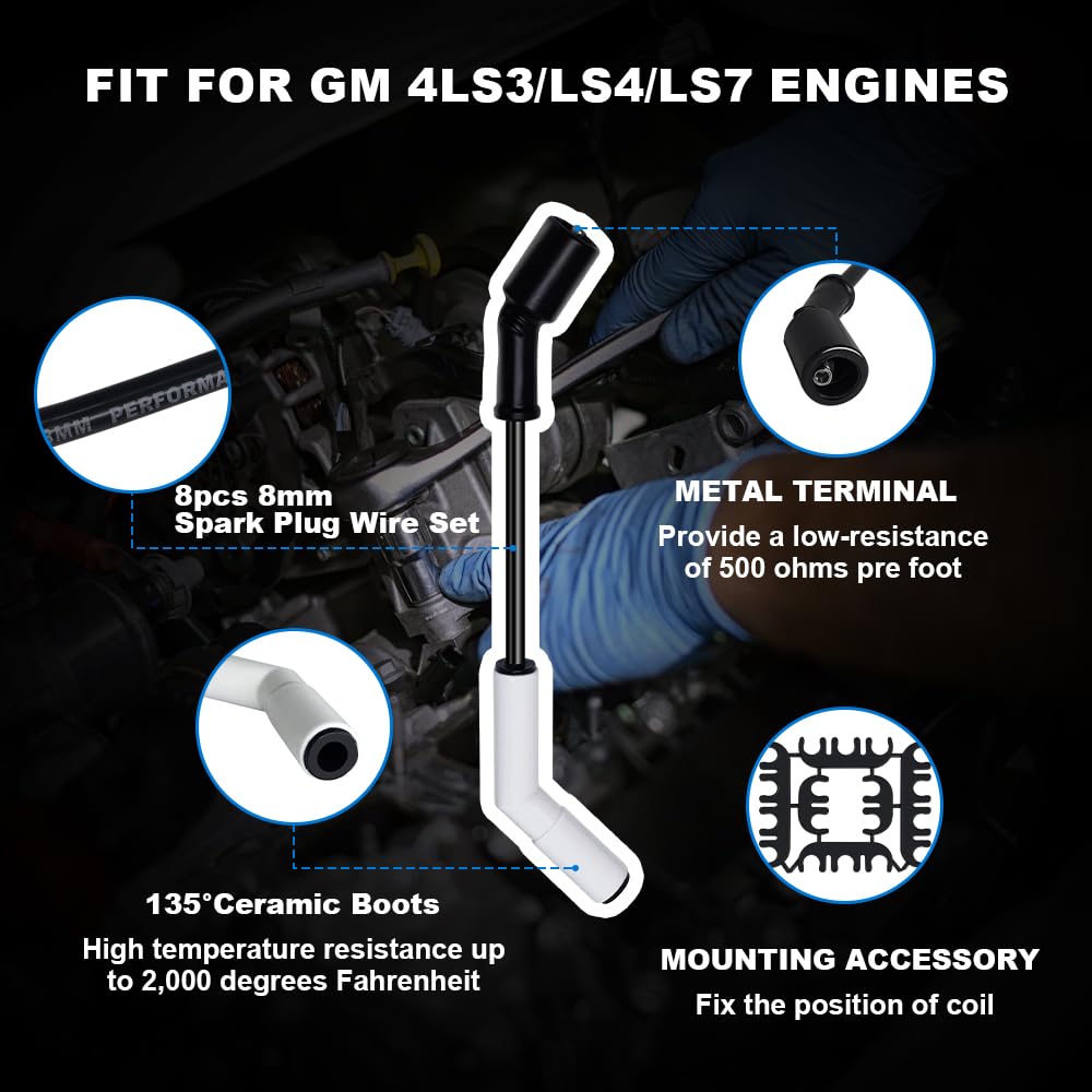 Ls Spark Plug Wires Set 9070C with Extreme 9000 Ceramic Boot, 8pcs Ignition Wire Cable Kit Compatible with GM LS3 LS4 LS7 Engines