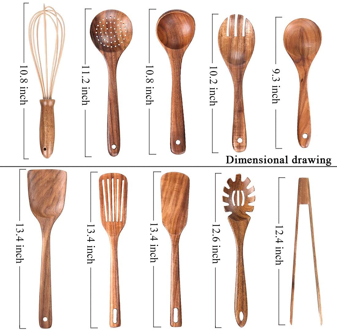Natural Teak Wood Utensils with Spatula and Ladle (10) - Nonstick Wooden Kitchen Utensils