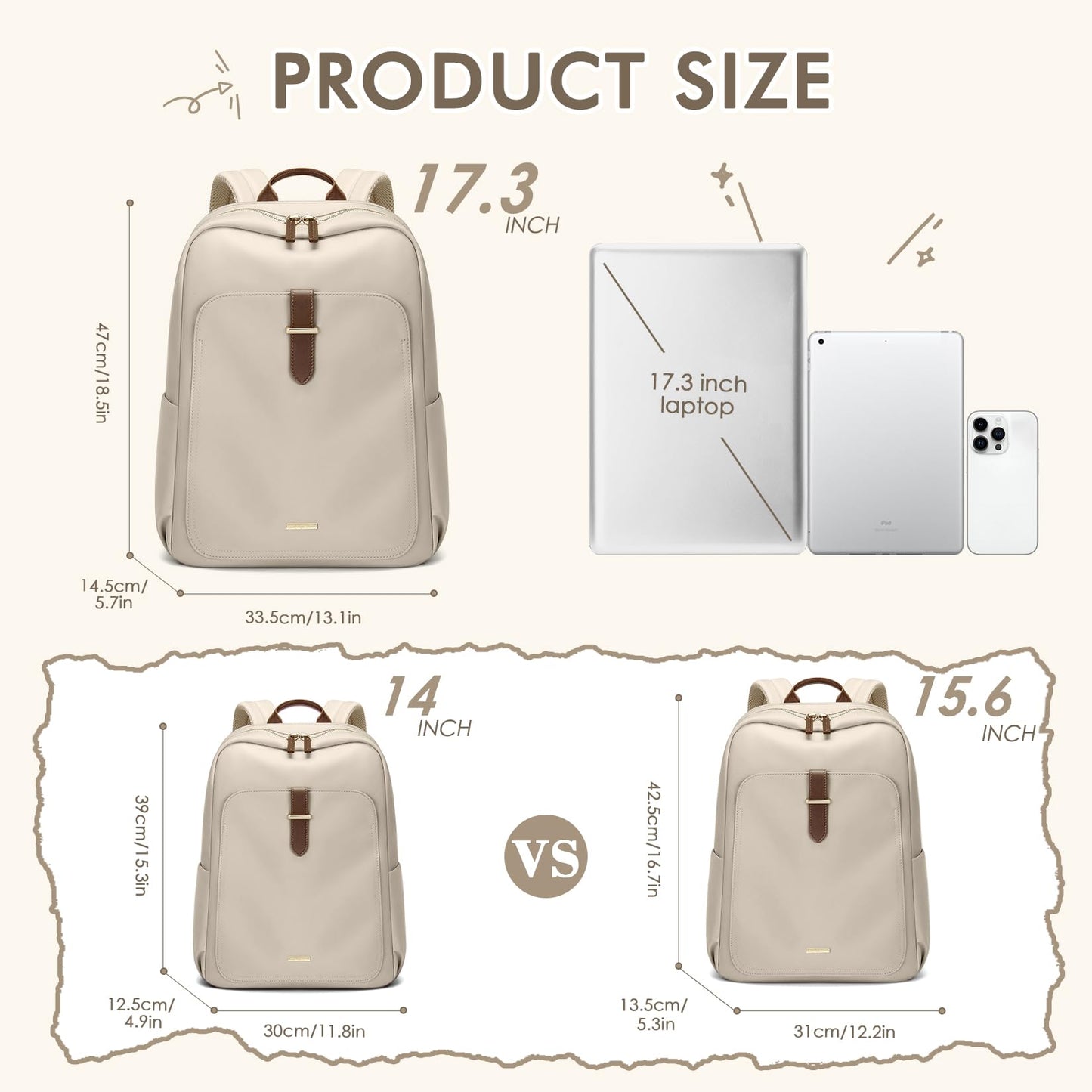 GOLF QUALITY Laptop Backpack for Women,Casual Work Business Backpacks Purse Carry on Travel Backpack,14 Inch,Apricot