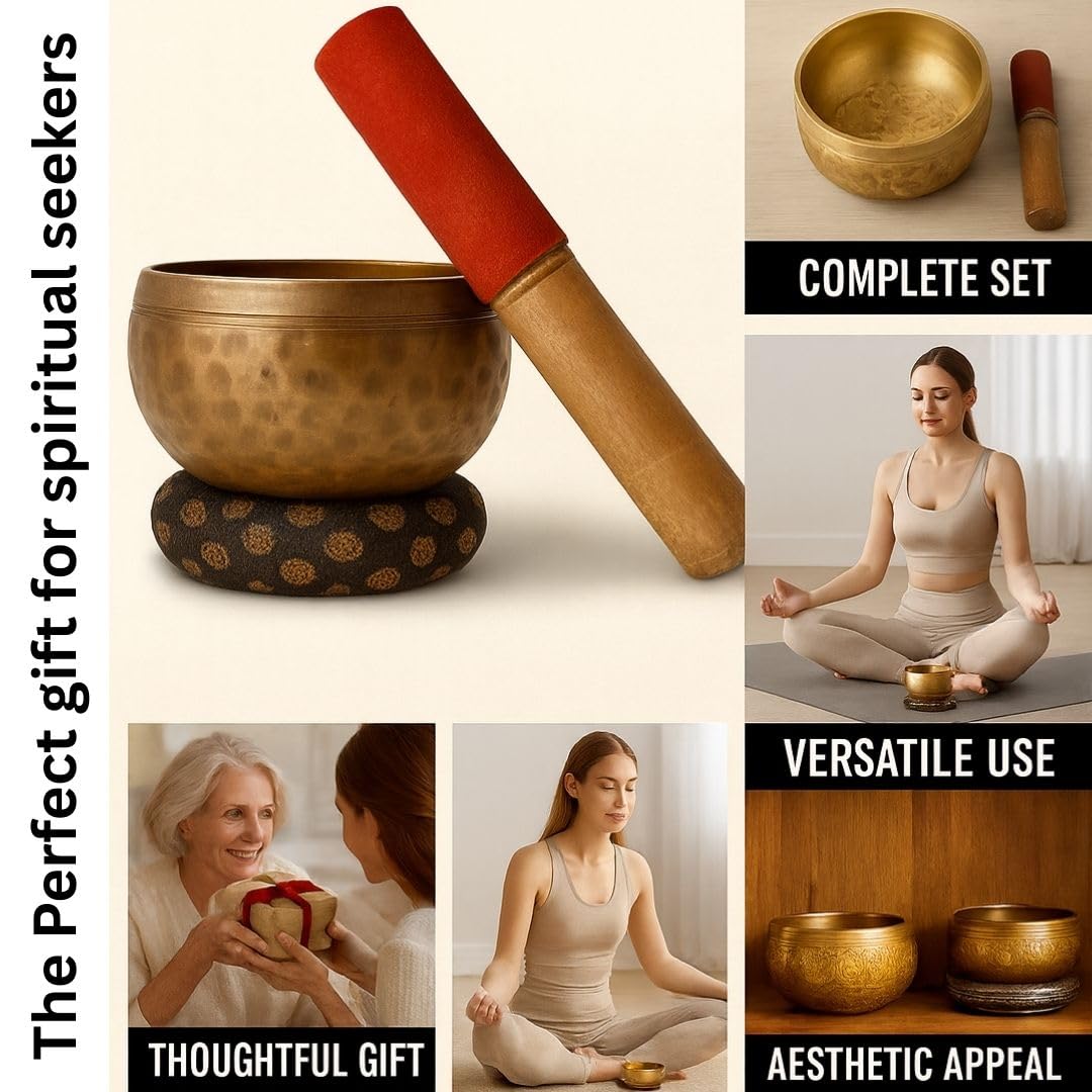 Tibetan Singing Bowl Set - Meditation Sound Bowl | Spiritual Gift for Women and Men Handmade Yoga Accessories (4" Hammered)