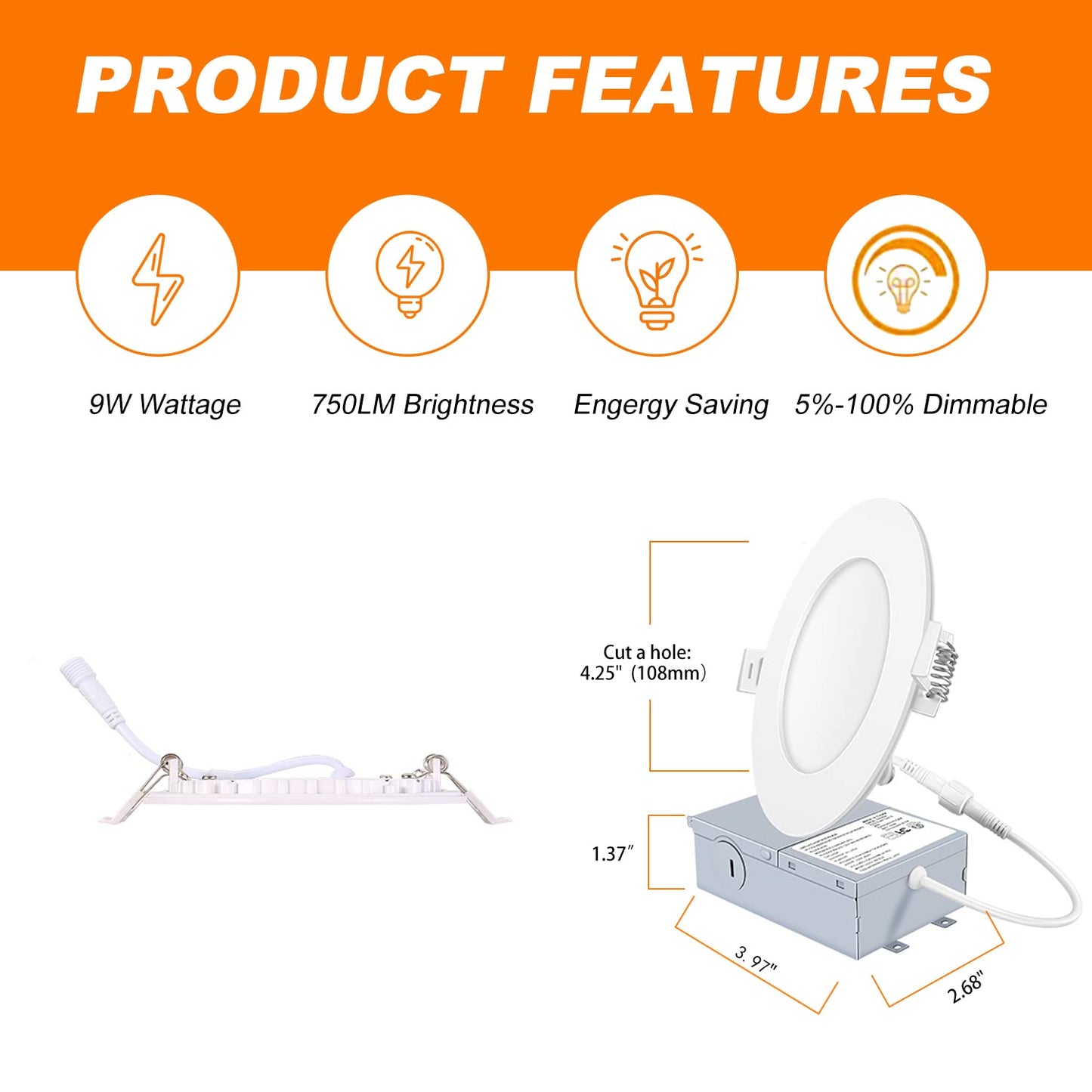 ULCCT Light 3CCT 4 Inch 9W 3000K 4000K 5000K Pot Lights, Dimmable 750LM LED Slim Recessed Lighting, 10 Pack