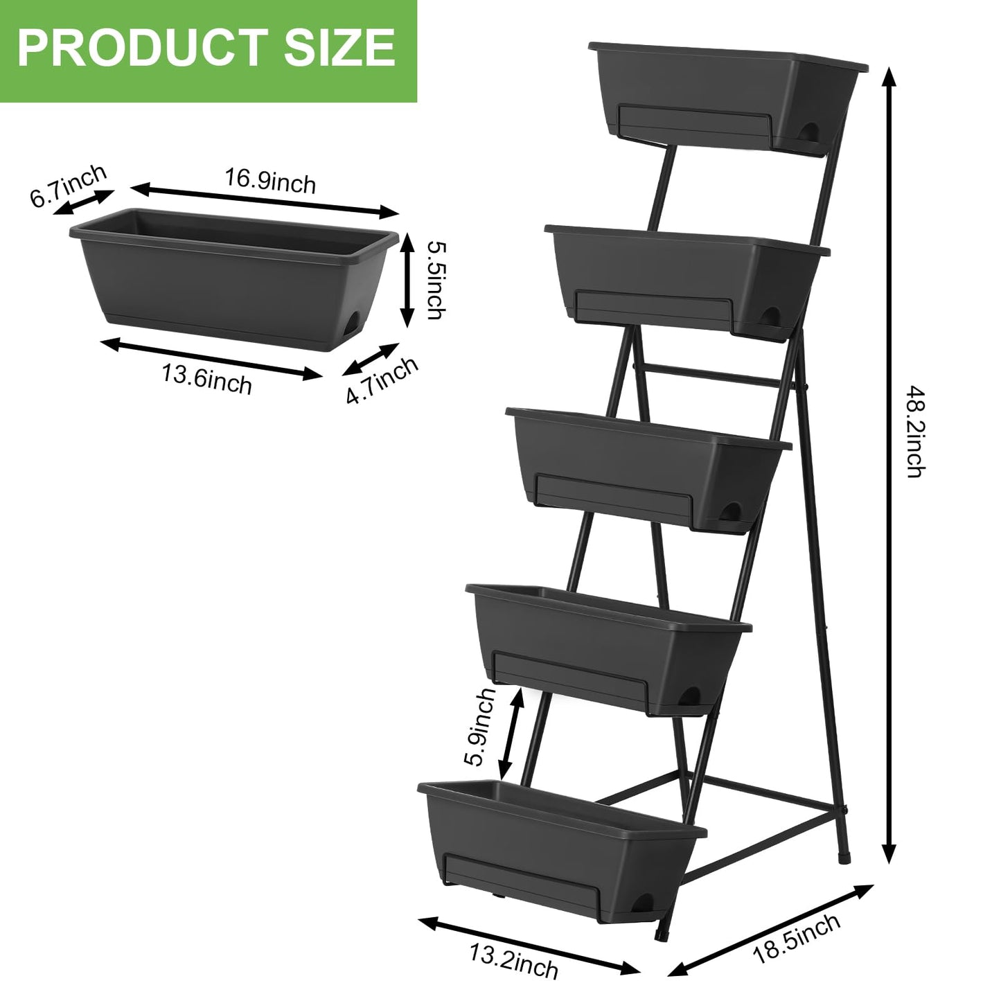5 Tier Vertical Raised Garden Bed Planter Box, Vertical Raised Bed with Drainage Holes for Indoor Outdoor Herbs Flowers Vegetables Plants, Grey