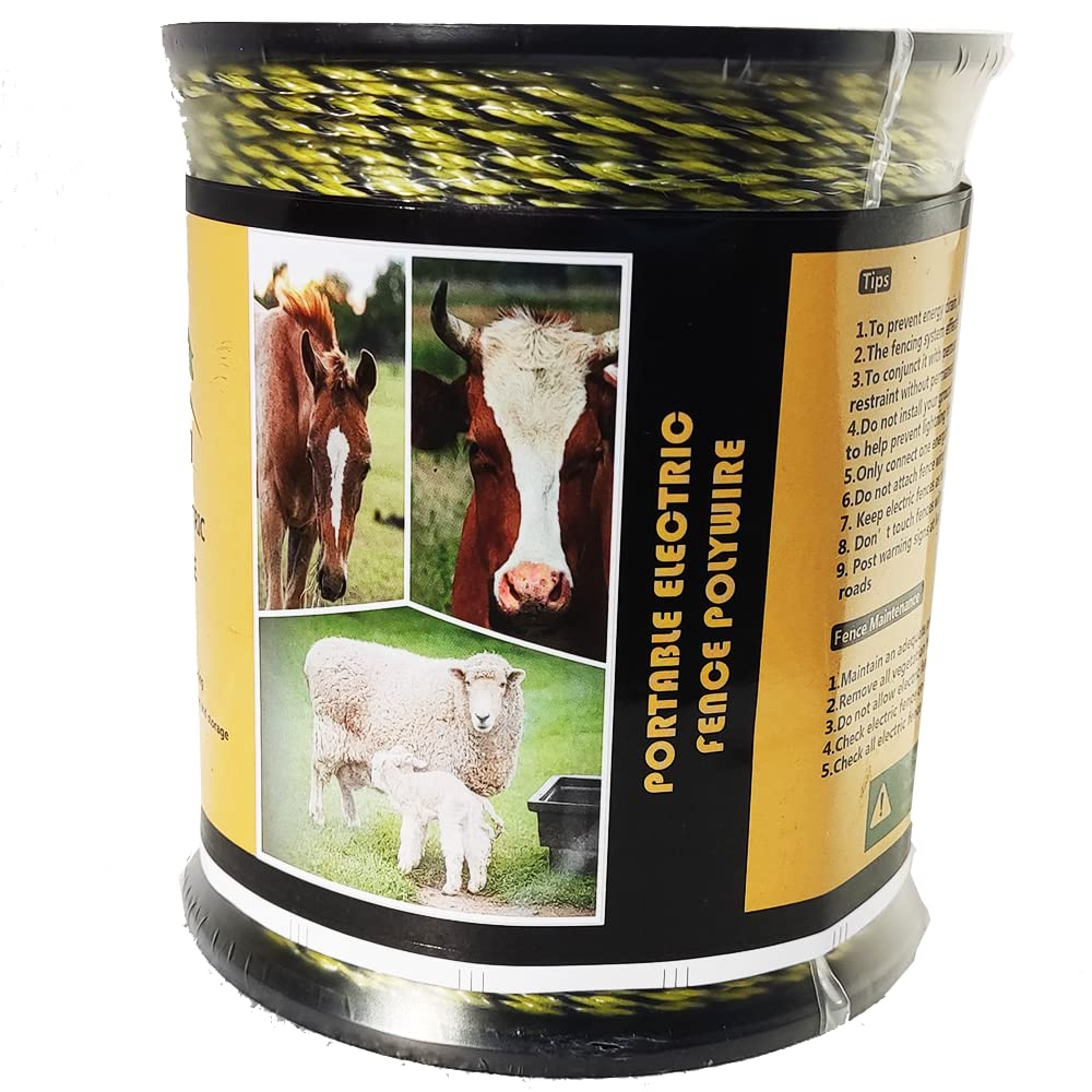 Electric Fence Wire 1650 Feet 500 Meters, 6 Stainless Steel Strands for Reliable Conductivity and Rust Resistance, Yellow and Black Color Electric Fence Polywire