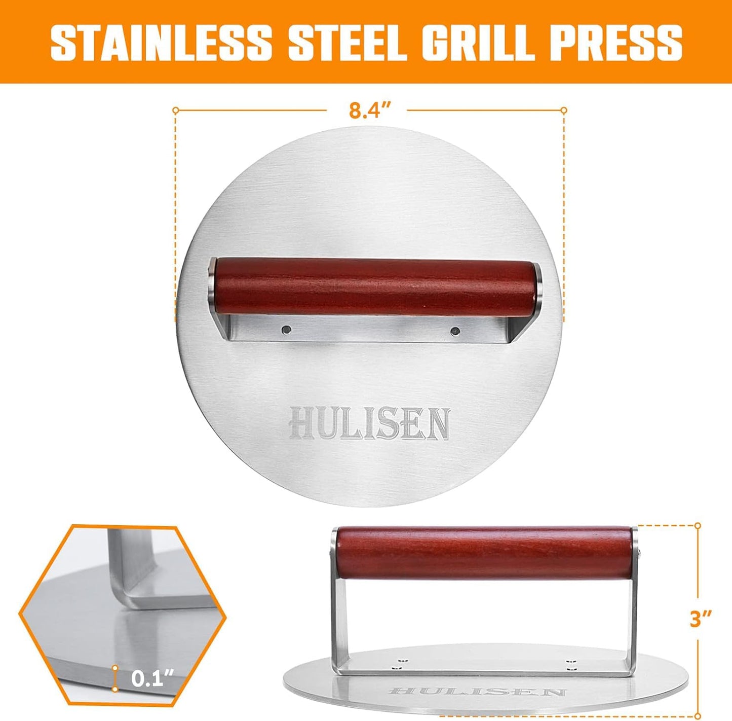 HULISEN 8.4-Inch Burger Press, 2.5 lbs Heavy Duty Bacon & Grill Press, Stainless Steel Smashed Burger Press, Round Smasher with Wood Handle, BBQ Griddle Accessories for Hamburger, Steak, Meat