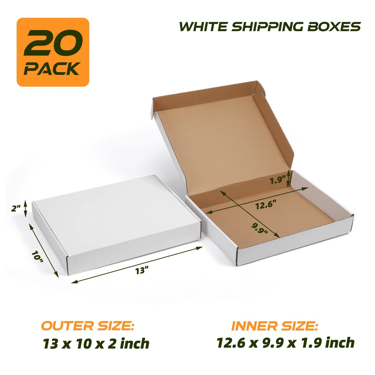 Lyeasw 13x10x2 Inch Shipping Boxes 20 Pack Corrugated Cardboard Box Mailer for Small Business Mailing Packing, White