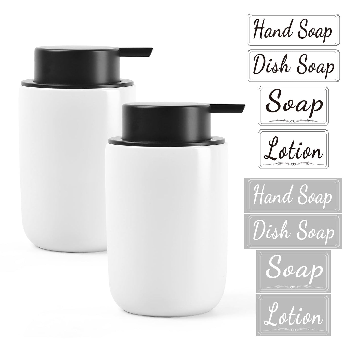 BosilunLife Soap Dispenser Set - Ceramic Hand Soap Dispenser 12oz Set with Rust Proof Pump, 4Pcs Clear Stickers for Kitchen, Bathroom - 2 Pack