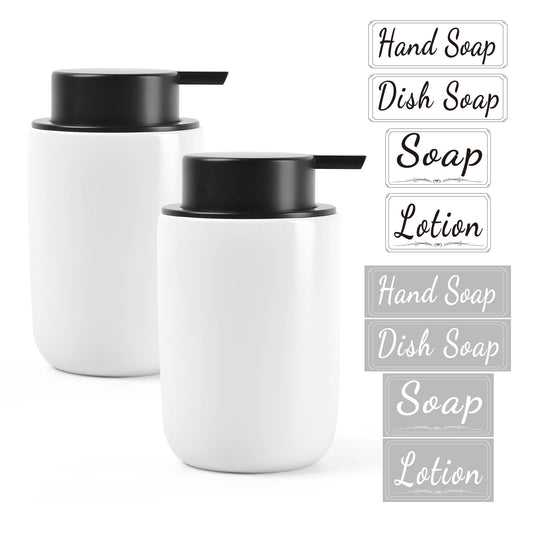 BosilunLife Soap Dispenser Set - Ceramic Hand Soap Dispenser 12oz Set with Rust Proof Pump, 4Pcs Clear Stickers for Kitchen, Bathroom - 2 Pack