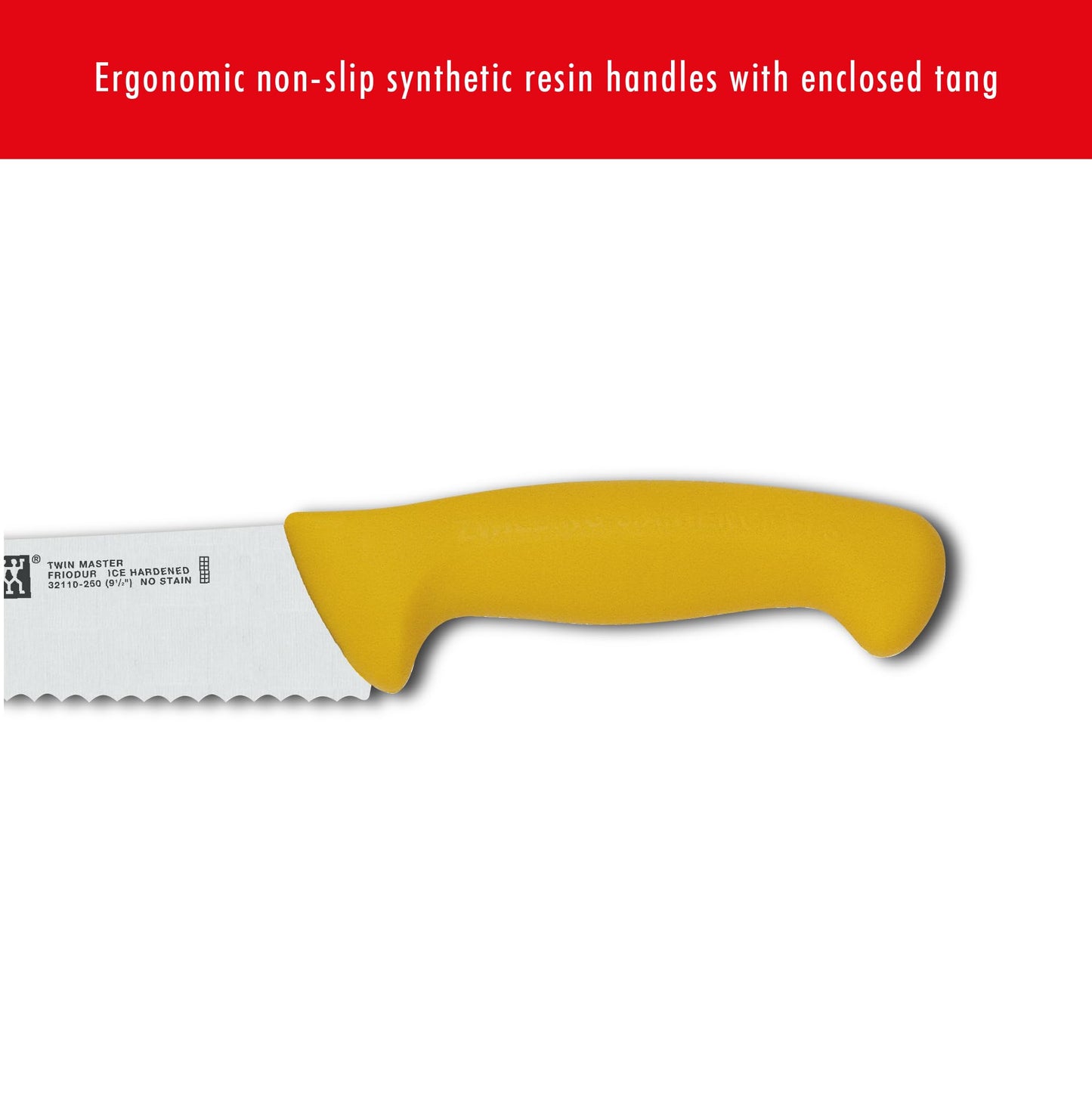 ZWILLING Twin Master 9.5" Bread Knife with Scalloped Edge | 57 Rockwell Hardness | Ergonomic Non-Slip Synthetic Resin Yellow Handles with Enclosed Tang | Made in Spain