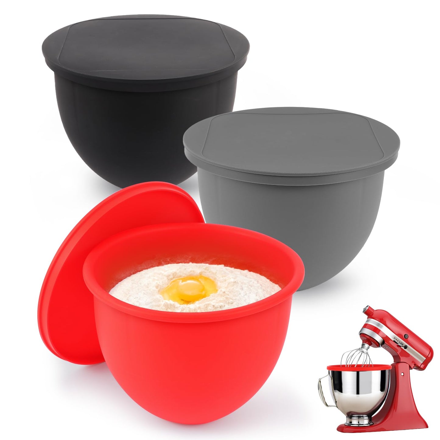 Silicone Bowl Liners with Lids for KitchenAid 5 Qt Mixers, 3-Pack Mixing Bowl Inserts Accessories