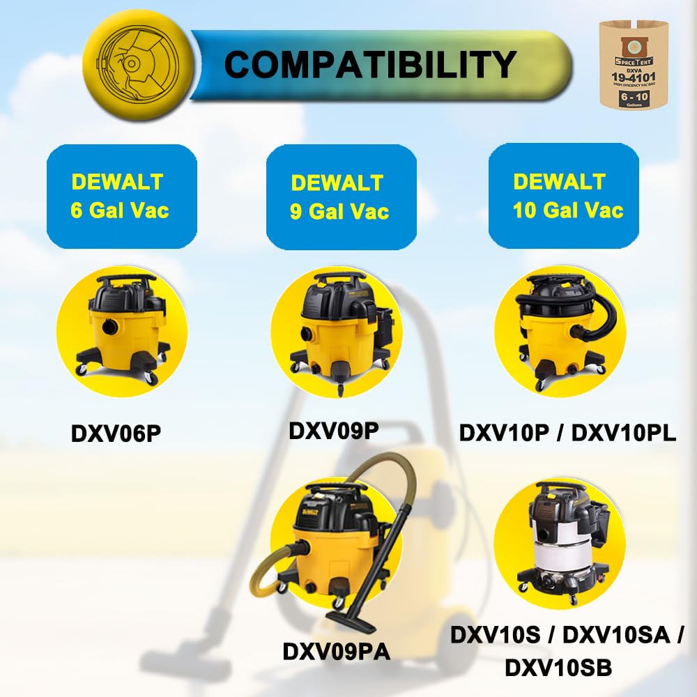SpaceTent 15 Pack DXVA19-4101 High Efficiency Replacement Filter Bags for DEWALT 6 to 10 Gallon Wet/Dry Vacs - Part # DXVA19-4101
