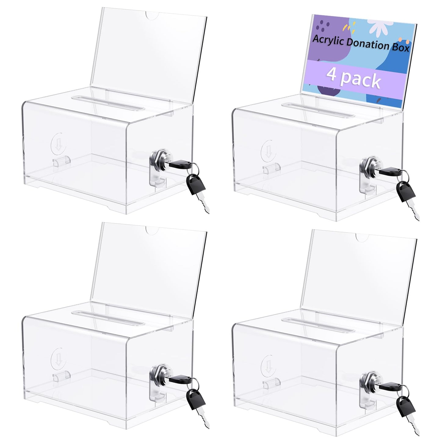 VZZNN 4 Pack Clear Acrylic Donation Containers with Lock and Sign Holder, 6.1 x 4.6 x 3.9 Inch Ballot Box, Raffle Ticket Box, Tip, and Suggestion Collection for Fundraising and Events