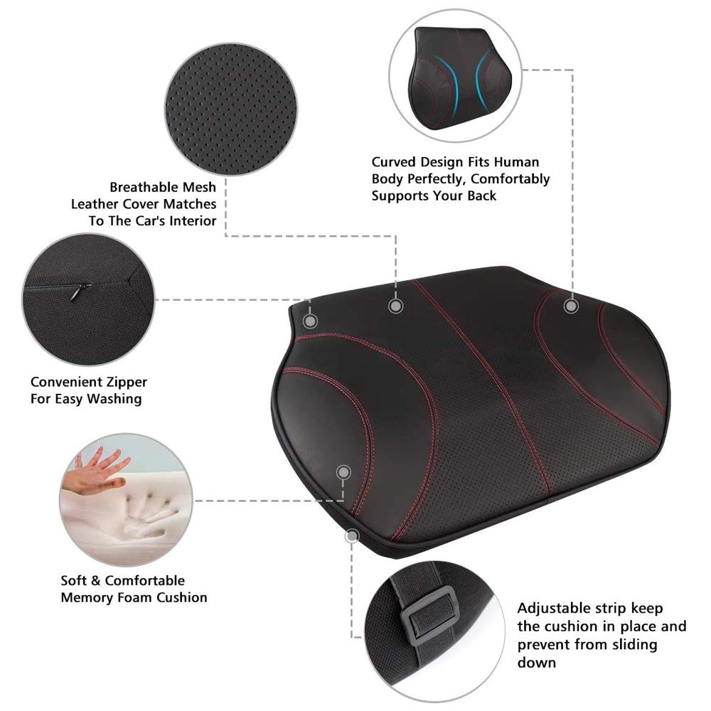 Lumbar Support Pillow, Aukee Leather Memory Foam Lower Back Cushion for Home Office Chair Car Seat - Black (1 Pack)