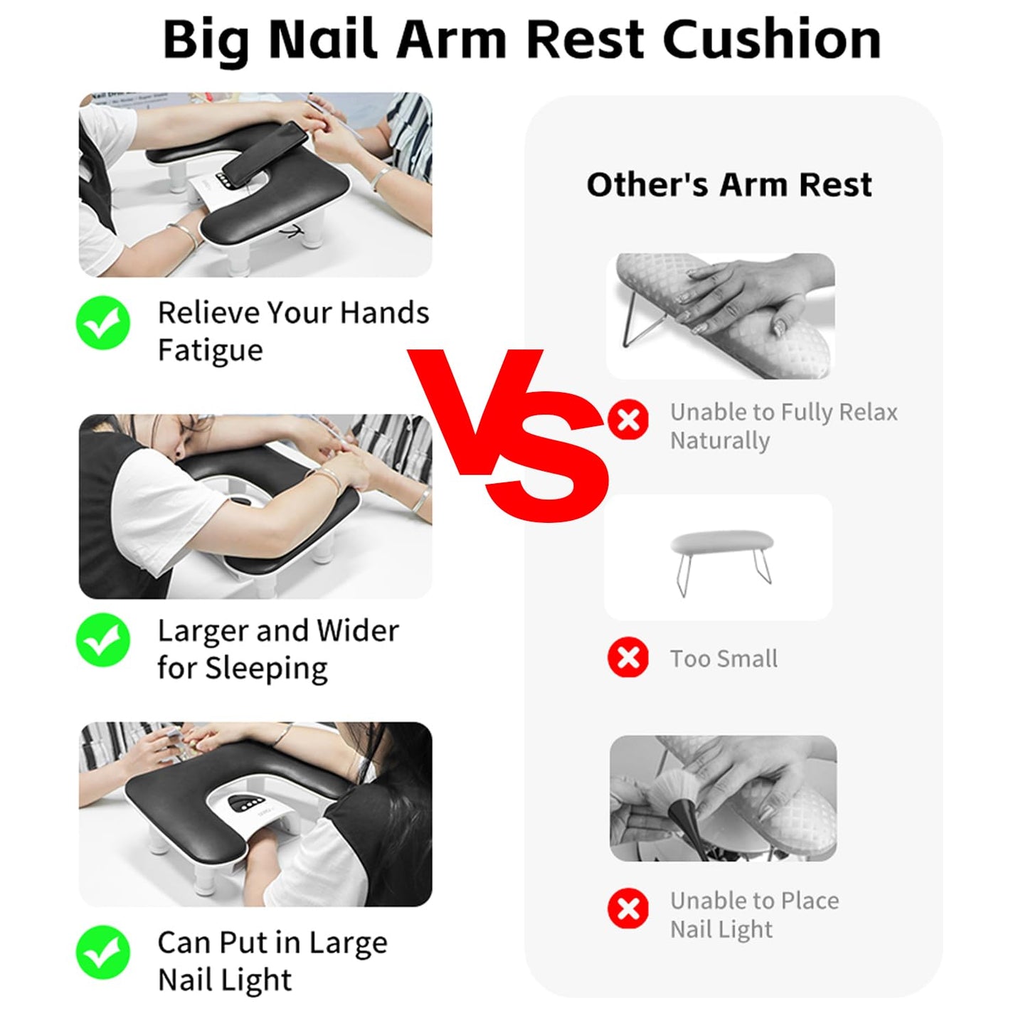New Upgrade Height Adjustable Nail Arm Rest for Nails Tech - Ergonomic Slope Angle Hand Rest for Nails Tech Height Adjustable U-shaped Manicure Nail Arm Rest Stand White Big Armrest Microfiber PU Leather Hand Rest Pillow for Acrylic Nail Art Cushion (Blac