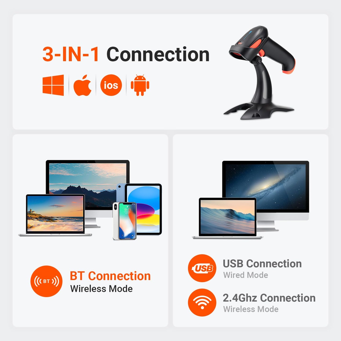 Tera Pro 1D 2D QR Wireless Barcode Scanner with Stand Work with Bluetooth & 2.4G Wireless & USB Wired Automatic Fast Precise Scanning Image Bar Code Reader with Vibration Alert for Warehouse HW0002