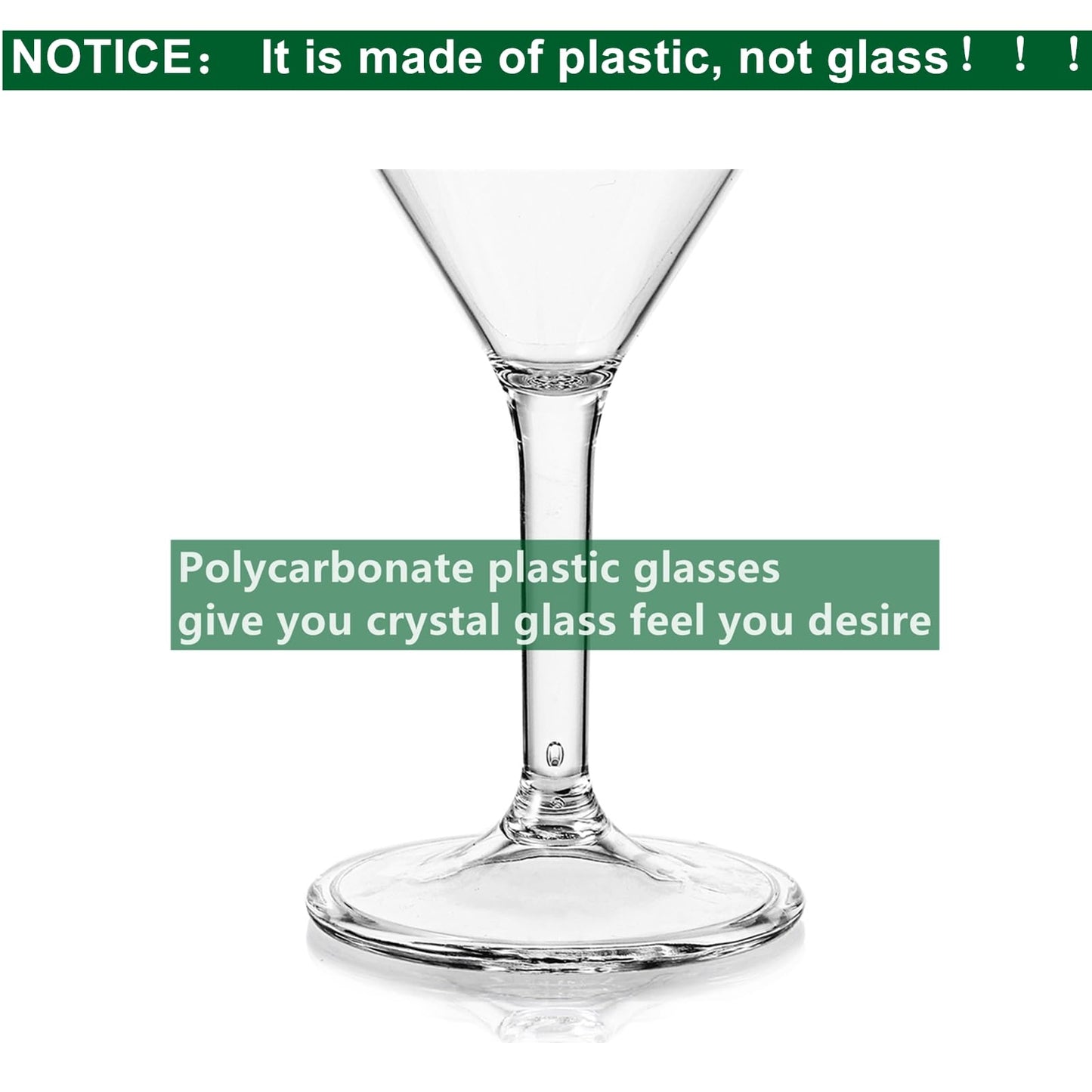 Yopay Set of 6 Unbreakable Martini Glasses, 10 Ounce Plastic Cocktail Glasses for Whiskey, Margarita, Manhattan, Holiday, Party, Reusable, Break Resistant, Clear Polycarbonate Glassware