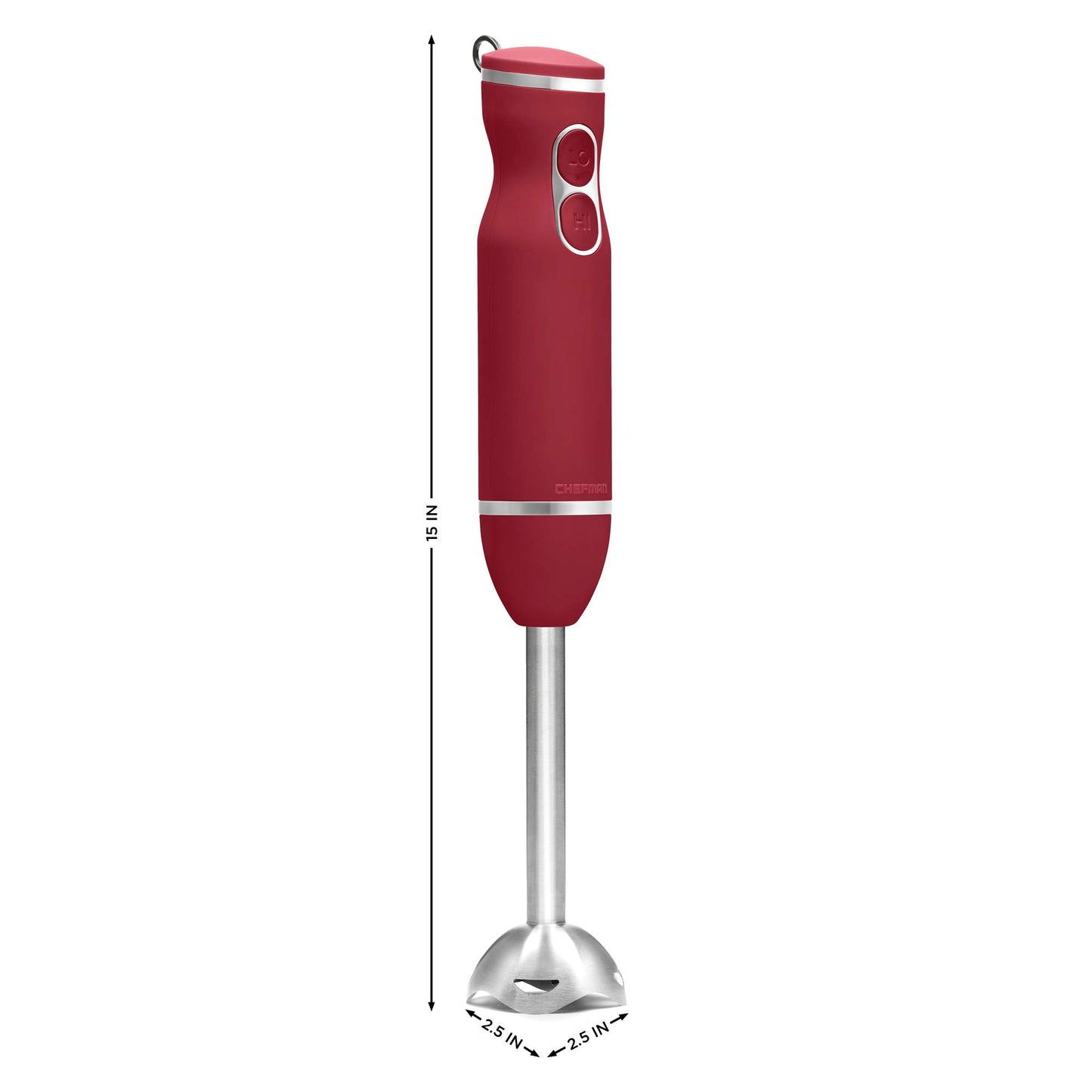 Chefman Immersion Blender, 300W Hand Blender with Stainless Steel Blades, Powerful Electric Ice Crushing 2-speed Control Handheld Food Mixer, Purées, Smoothies, Shakes, Sauces & Soups, Red