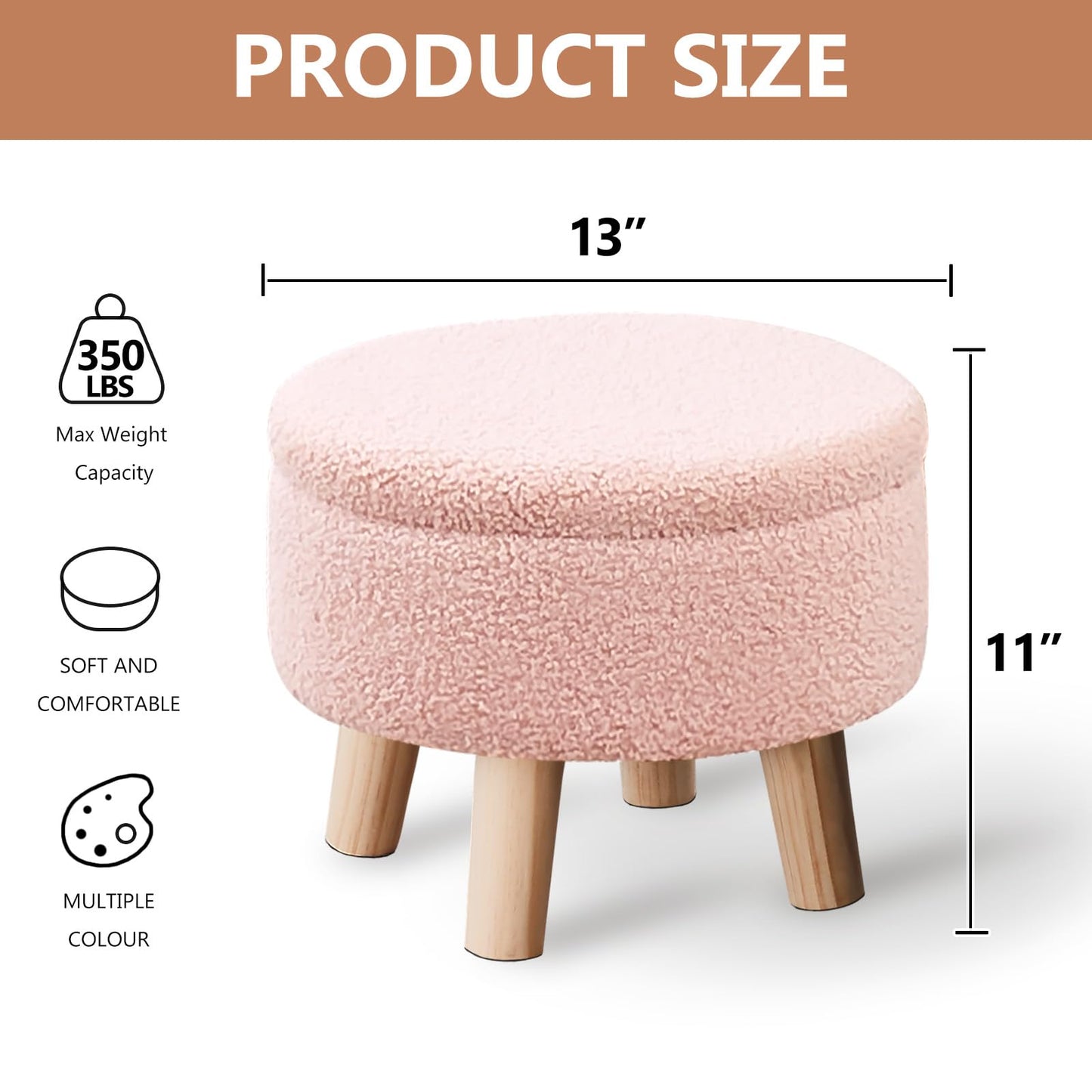 Wimarsbon Storage Ottoman, Modern Round Footrest with Soft Padded Seat, Teddy Velvet Footstool with Wood Legs, Accent Small Table or Plant Stand for Hallway, Living Room (Pink)