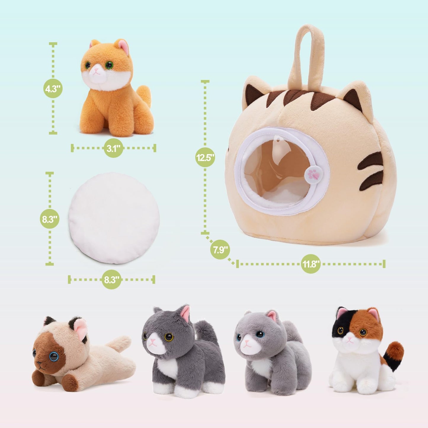 OUOZZZ Cat Stuffed Animal House – Plush Kitten Toy Set with 4 Soft Cats – Interactive & Travel-Friendly Playset for Toddlers & Kids – Huggable, Portable Birthday for Baby