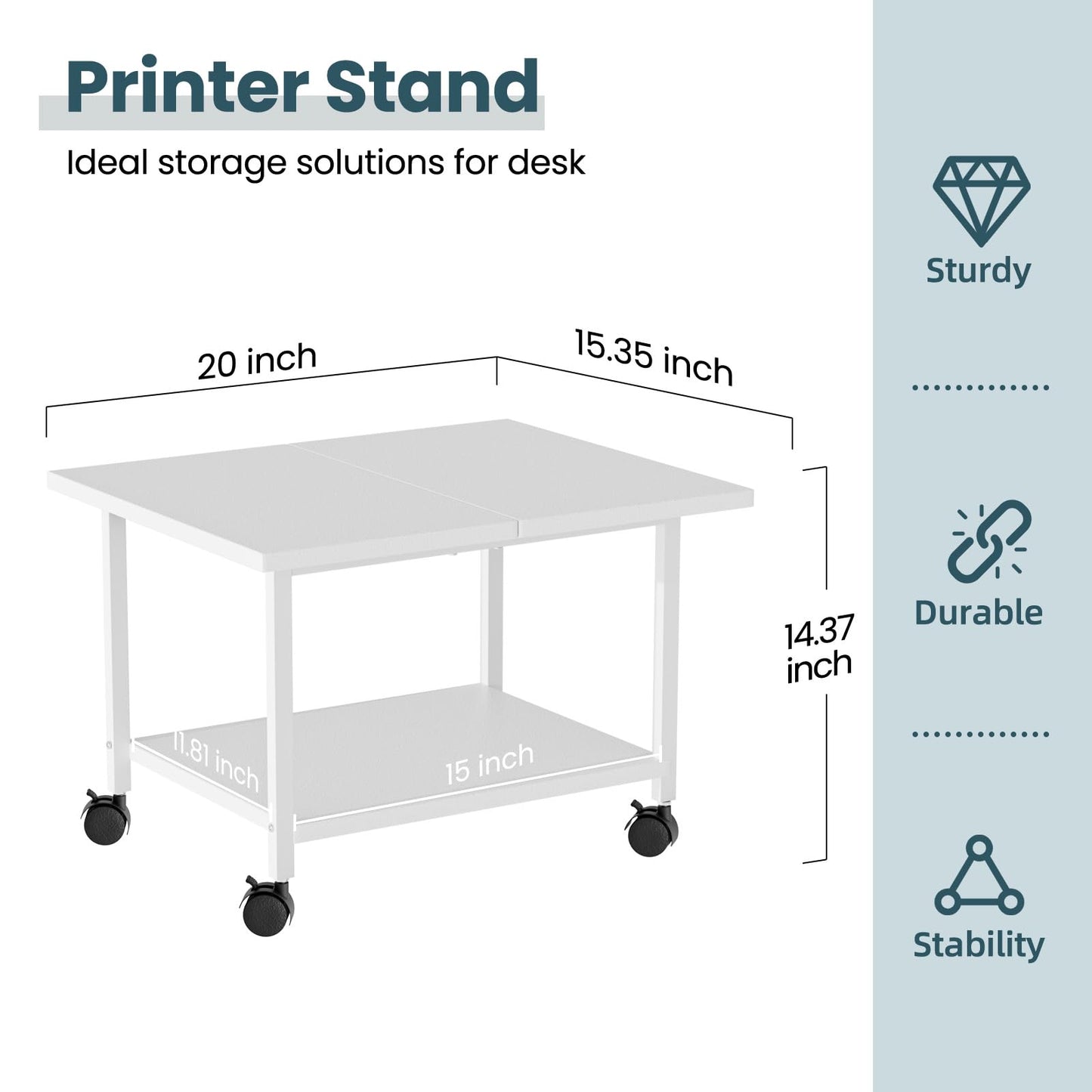 Printer Stand with Storage Under Desk Shelf, Desktop Printer Stand Organizer, Rolling Printer Cart Storage Paper Files Holder for Desk, Office, Home (White)