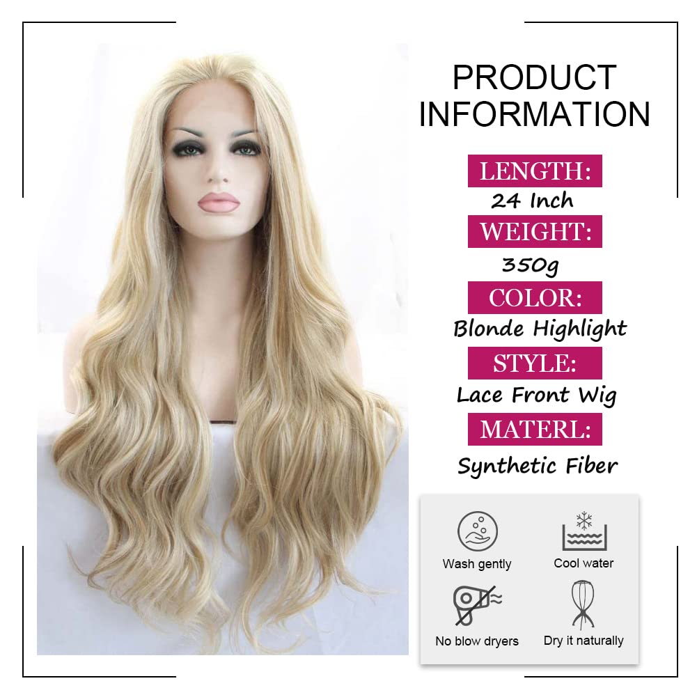Angle Lucky Blonde Wavy Wig for Women Highlight Blonde Synthetic Lace Front Wig Long Wavy Piano Color Glueless Wig Heat Resistant Fiber Hair Replacement Wig for Drag Queen Makeup (24, Highlight Blonde)