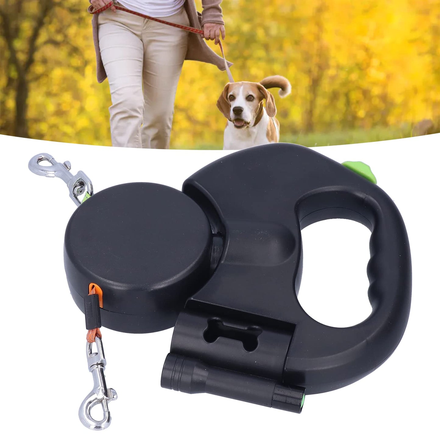 Retractable Double Dog Leash Reflective Pet Leash for Walking 2 Dogs, Traction Rope for Small Medium Dogs, Pet with Light and Bag Dispenser